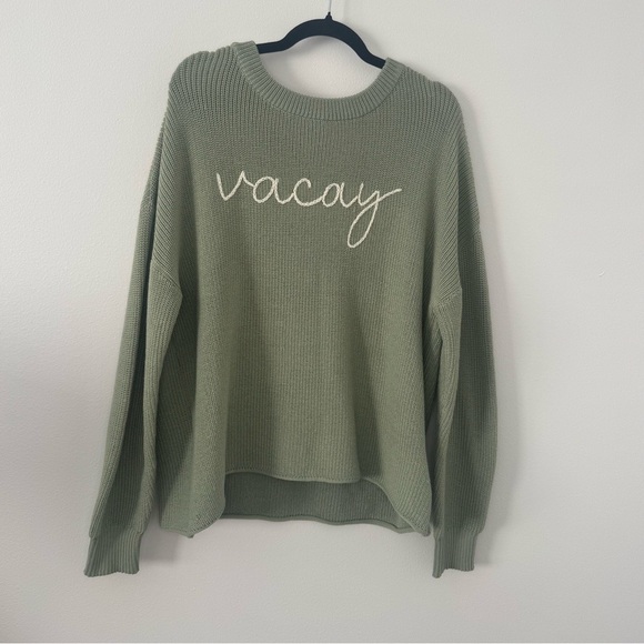Wishlist Sweaters - Sage Green Vacay Graphic Knit Sweater M/L Relaxed Fit Lightweight Crewneck